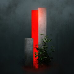 Poster - Neo-Minimal Urban Geometry Vibrant Red Monolith with Living Greenery - Innovative Design Intersection of Architecture, Nature, and Contemporary Aesthetic Expression