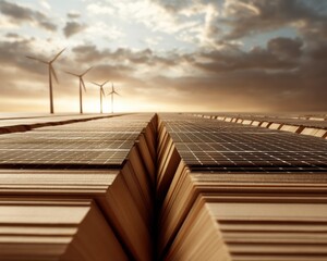 Poster - Future of Clean Energy Expansive Solar Farm with Wind Turbines Illuminating Sustainable Tech Innovation at Golden Hour Climate Solutions