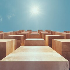 Aufkleber - Minimalist Career Progression Visualization Geometric Wooden Cubes Ascending Toward Success in Modern Leadership Development Strategy