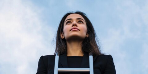 Poster - Empowered Ascent Gen Z Professional Breaking Glass Ceilings in Minimalist Urban Landscape - Dynamic Career Progression and Inclusive Leadership Narrative
