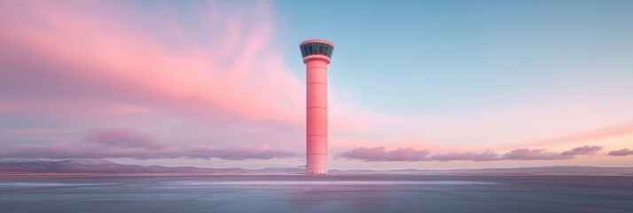 Poster - Futuristic Aviation Infrastructure Minimalist Radar Tower Reimagining Global Transportation Safety with Soft Pastel Sunset Aesthetic and Cutting-Edge Design Innovation