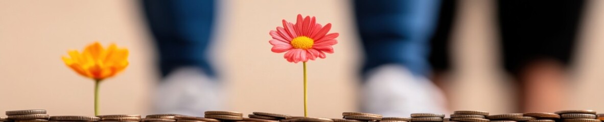 Aufkleber - Micro-Growth Resilience Vibrant Florals Emerging Through Financial Coins - Minimalist Entrepreneurial Metaphor for Economic Potential and Strategic Investment