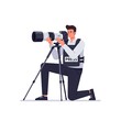© artbrori - Press Photographer Kneeling, Using Telephoto Lens on Tripod: A Modern Flat Illustration