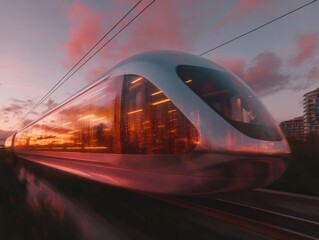 Aufkleber - Futuristic Urban Mobility High-Speed Electric Train Gliding Through Sunset Cityscape - Sustainable Transportation Innovation for Smart City Design