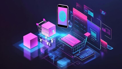 Futuristic e-commerce with holographic shopping carts and a secure mobile transaction
