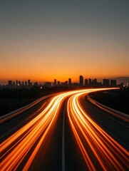 Fototapete - Smart Mobility Reimagined Cinematic Urban Traffic Flow Visualization with Dynamic Light Trails Showcasing Next-Gen Transportation Infrastructure at Golden Hour