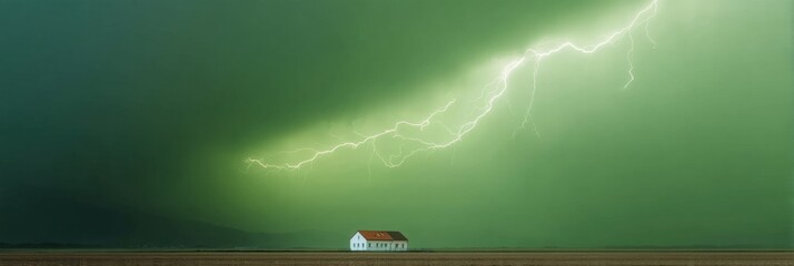 Aufkleber - Climate Crisis Visualization Dramatic Lightning Storm Threatening Solitary Suburban Home - Atmospheric Risk Communication for Environmental Awareness Campaigns