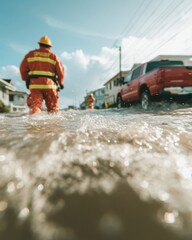 Poster - Climate Resilience in Action Brave Emergency Responders Navigate Extreme Flooding - Heroic Urban Rescue Operations Symbolizing Community Strength and Adaptive Infrastructure