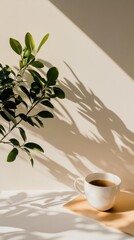 Poster - Minimalist Wellness Moment Soft Sunlight, Green Botanical Shadow Play with Ceramic Coffee Cup - Mindful Morning Ritual and Contemporary Lifestyle Serenity