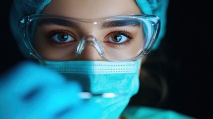 Poster - Cutting-Edge Medical Safety Futuristic Protective Eyewear and Surgical Mask in High-Tech Blue Healthcare Environment - Professional Precision and Pandemic Resilience