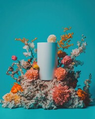 Poster - Botanical Luxe Product Showcase Minimalist White Cylinder Emerging from Vibrant Floral Landscape - Eco-Conscious Design for Premium Wellness Branding