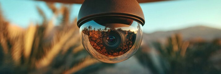Aufkleber - Smart Living Sentinel Sleek AI-Powered Dome Camera Capturing Panoramic Outdoor Landscape with Reflective Cybersecurity Technology for Next-Gen Home Protection