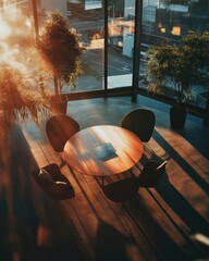 Poster - Golden Hour Workspace Serenity Modern Minimalist Office Design with Warm Natural Lighting and Biophilic Aesthetic - Inspiring Collaborative Professional Environment