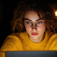 Fototapete - Illuminated Learning Gen Z Digital Scholar in Cozy Yellow Knitwear Explores Online Education through Immersive Tech-Enabled Experience