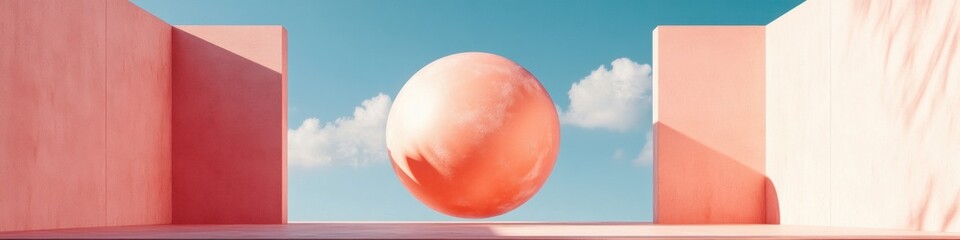 Poster - Minimalist Brand Vision Suspended Coral Sphere in Geometric Architectural Landscape - Next-Gen Creative Marketing and Digital Storytelling Concept
