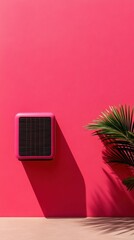 Aufkleber - Minimalist Climate Control Sleek Electric Heater with Tropical Palm Shadow on Vibrant Coral Background - Modern Home Design and Adaptive Living Solutions
