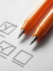 Leinwandbilder - Minimalist Productivity Essentials Sleek Orange Mechanical Pencils on Crisp Checklist - Digital Workflow Optimization and Precision Task Management in Modern Workspace