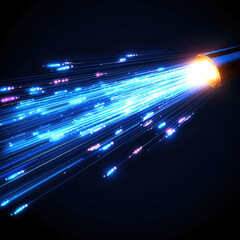 Poster - Blue light streaks emanate from fiber optic cable, creating vibrant display of glowing particles against dark background, symbolizing speed and technology