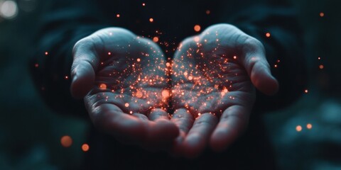 Poster - Digital Empathy Visualization Ethereal Network Connections Emerging from Human Hands, Transforming Corporate Communication and Emotional Intelligence in AI-Driven Workplace Experiences
