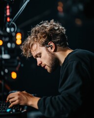 Leinwandbilder - Immersive Sound Engineering Gen Z Creative Professional Mastering Audio with Wireless Earbuds in Dark, High-Tech Production Environment