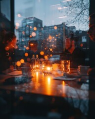 Aufkleber - Atmospheric Urban Networking Moody Evening Cityscape with Warm Candlelight Ambiance - Intimate Professional Connection and Soft Focus Workspace Storytelling