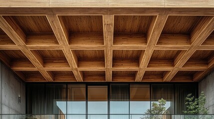 Fototapete - Beneath a stunning ceiling structure, focus on the meticulous craftsmanship of wood beams and a smooth concrete wall, reflecting contemporary design principles in an urban setting