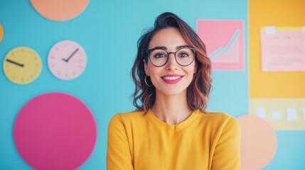 Aufkleber - Vibrant Millennial Productivity Persona Creative Professional in Bold Yellow Sweater Embracing Colorful Workspace Design with Playful Time Management Aesthetic