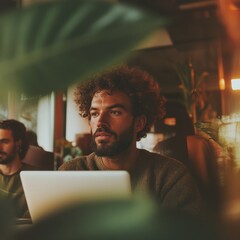 Aufkleber - Mindful Remote Work Aesthetic Gen Z Creative Professional Immersed in Sustainable Workspace with Warm Ambient Lighting and Organic Design Elements