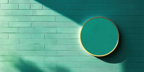 Aufkleber - Minimalist Urban Mockup Emerald Round Sign Showcasing Adaptive Branding Potential with Contemporary Geometric Shadow Play on Textured Ceramic Brick Wall