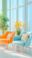 Aufkleber - Serene Modern Wellness Space Minimalist Interior Design with Vibrant Color-Block Chairs and Biophilic Elements - Inspiring Workplace Tranquility and Creative Collaboration