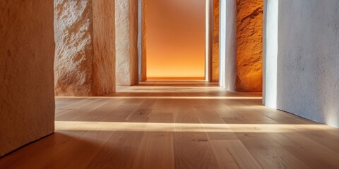 Aufkleber - Minimalist Architectural Illumination Warm Textural Corridor Design Exploring Light, Shadow, and Spatial Narrative for Contemporary Experiential Environments