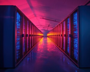 Leinwandbilder - Cyberpunk Digital Infrastructure Immersive Neon-Lit Server Corridor Revealing Next-Generation Cloud Computing and Cutting-Edge Technological Visualization