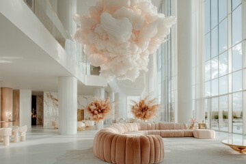 Poster - Ethereal Cloud Sculpture Minimalist Luxury Interior Design Showcasing Soft Organic Sculptural Installation in High-End Contemporary Wellness Space