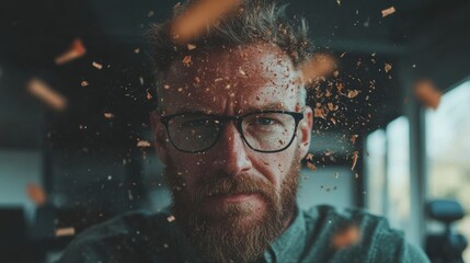 Poster - Digital Disruption Portrait Immersive Creative Professional Experiencing Intense Cognitive Flow with Fragmented Particle Visualization - Innovative Mindset and Transformative Workplace Dynamics
