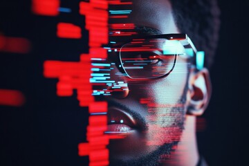 Fototapete - Cyberpunk Digital Identity Glitch Art Portrait Exploring Tech Disruption, AI Transformation, and Next-Gen Professional Visual Aesthetics