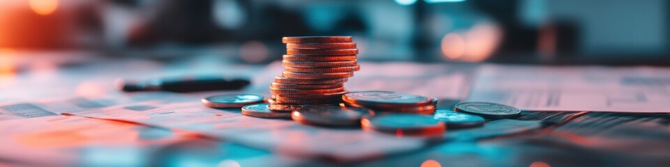 Leinwandbilder - Dynamic Financial Intelligence Minimalist Copper-Toned Investment Strategy Visualization with Stacked Coins and Data Analytics for Modern Wealth Management