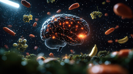 Leinwandbilder - glowing brain surrounded by floating fruits and vegetables creates surreal and imaginative scene, symbolizing connection between nutrition and mental health