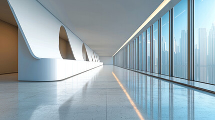 Poster - modern interior space featuring clean architectural lines, large windows, and polished floor. design emphasizes minimalism and natural light, creating open and airy atmosphere