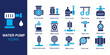 © Vactory_Icons - Water Pump icon set. Containing pump handle, motor pump, submersible pump, water tank, piping system, and more. Solid vector icons collection. Vector illustration.