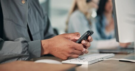 Poster - Online, hands and employee with smartphone, office and networking with contact, texting and social media. Closeup, browsing and person with mobile for communication, typing and tech in business