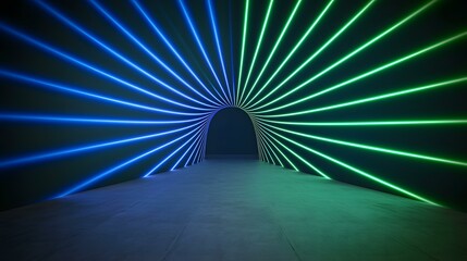 Wall Mural - a dark room features a curved tunnel of bright blue and green neon lights converging in the distance