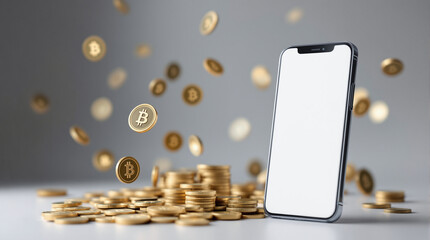 Smartphone with a white screen mockup against the background of falling cryptocurrency coins