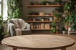 © fabioderby - Empty round wooden coffee table for product placement in cozy living room