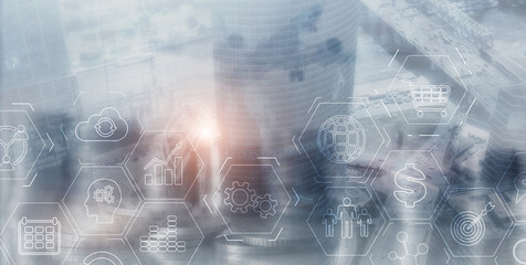 Wall Mural - abstract industrial business process organisation structure. against the backdrop of a modern city