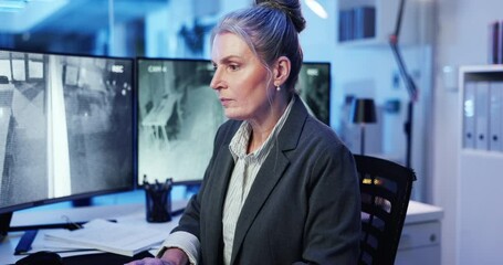 Poster - Computer screen, report and typing with woman in CCTV control room for safety or security. Live feed, monitoring and surveillance with mature officer at headquarters for government or law enforcement