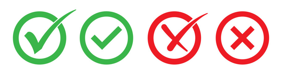 A set of vector icons showing checkmarks and crosses in green, red, and black. Includes circular approval and rejection symbols, perfect for UI, forms, alerts, and feedback indicators. Icon, vector.