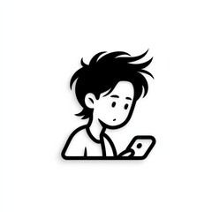 Leinwandbilder - Cartoon Boy Focused on Smartphone Screen with Minimalist Black and White Design and Subtle Shadowing