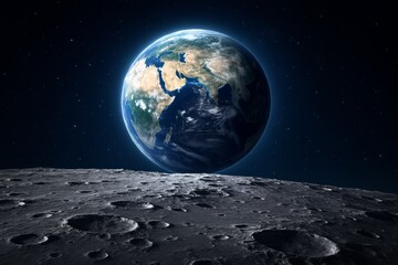 Wall Mural - Earth Rising Above the Lunar Landscape with Starry Night Sky