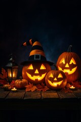 Wall Mural - Spooky Halloween Decorations with Pumpkins and Lantern on Table