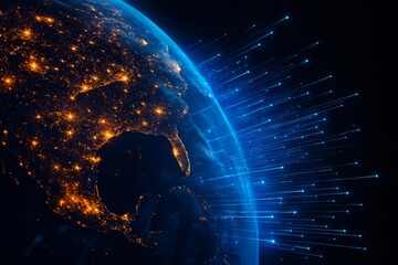 Wall Mural - Earth at Night with Digital Connections and Bright City Lights